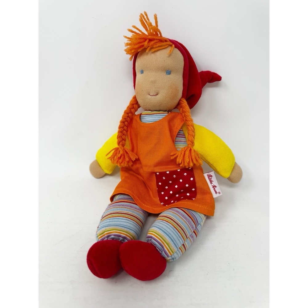 KATHE KRUSE Red Haired 14" Girl Doll Striped Soft Cloth Braids Orange Dress